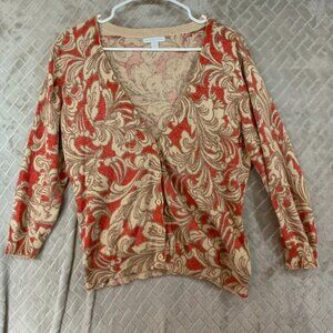 New York & Company Womens XL Cardigan Sweater Beige Filigree Metallic Button Up